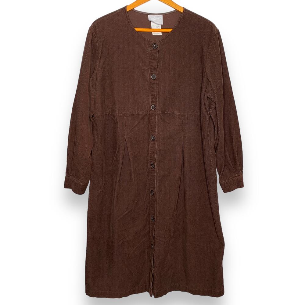 VINTAGE 90s women's brown button front long sleeve corduroy midi dress SZ L